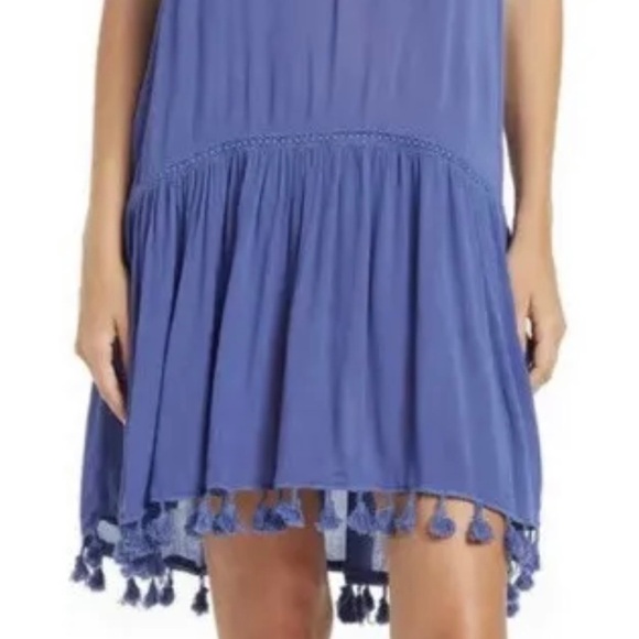 AREA STARS Beach Cover Up Dress Women’s L Pom Pom Hem Sundress Blue NWT - Picture 1 of 12